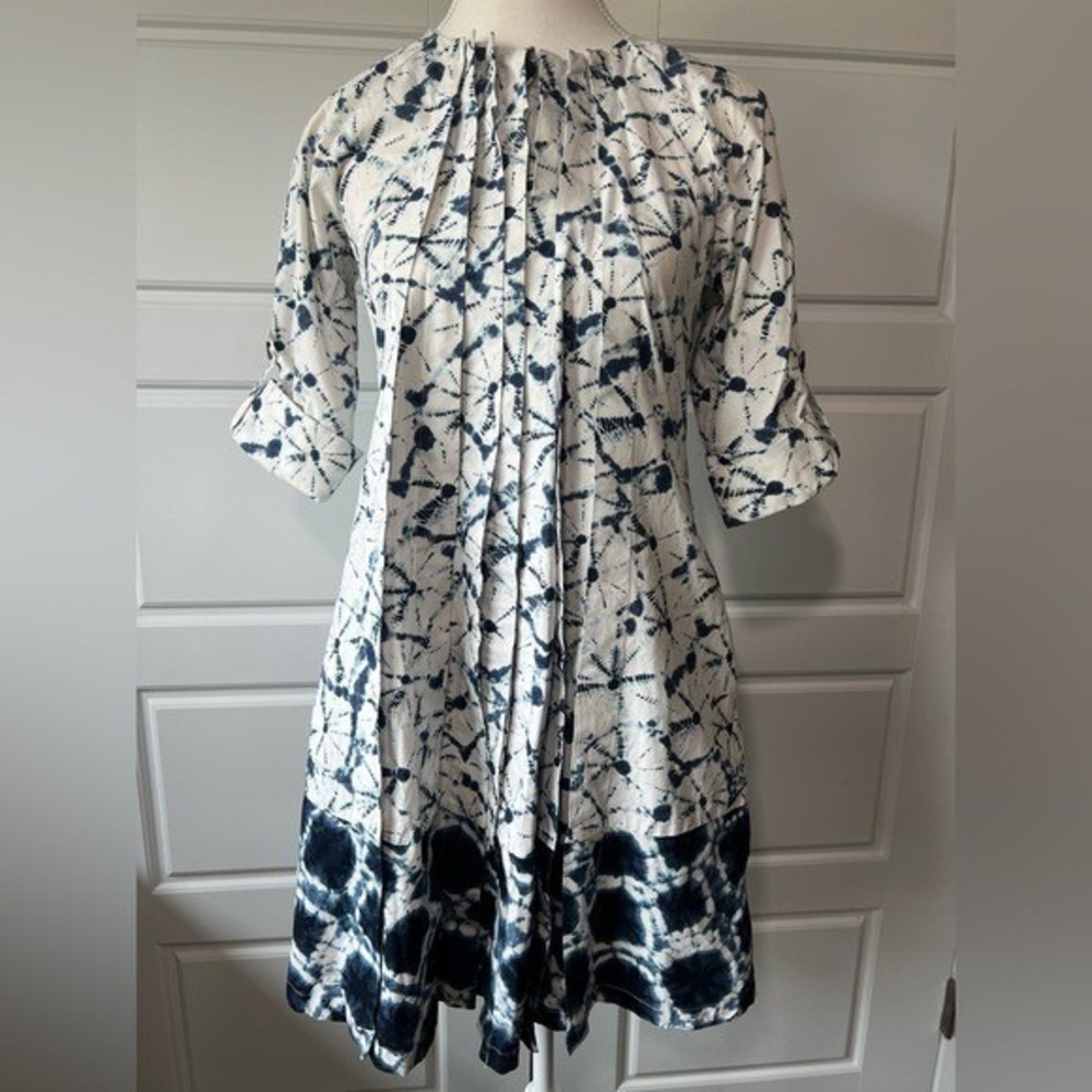 Thakoon Tie-Dye Pleated Cotton Mini Dress Blue White Bohemian Summer Party XS